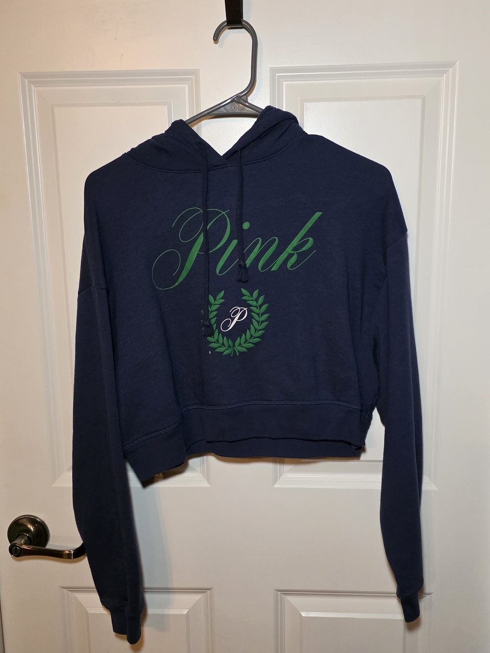 PINK Victoria's Secret Cropped Hoodie Sweatshirt - Navy with Green Script